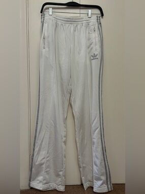 Adidas White Track Pants with Zippered Gray Side Stripes